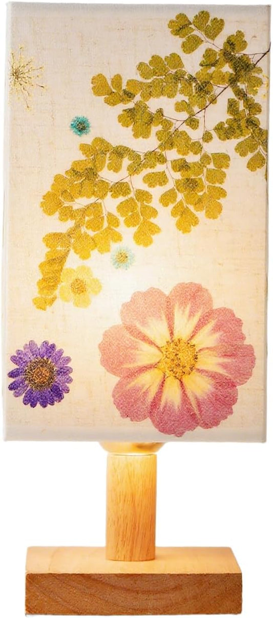 Dried Flowers Table Lamp 5W LED 3Color Temperatures Pressed Flower Bedside Lamp Square Linen Shade with Wood Base for Bedroom Living Room