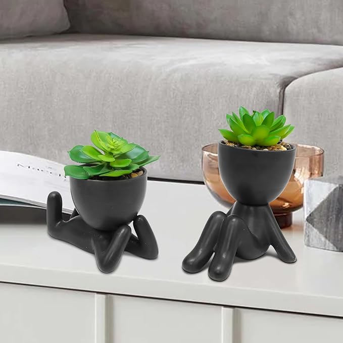 Zerzsy 2PCS Cute Artificial Succulent Plants with Creative Human Shaped Pots, Desk Decoration Mini Potted Planter Succulent Decor for Desktop Office Bedroom Table Decor (Matte Black)