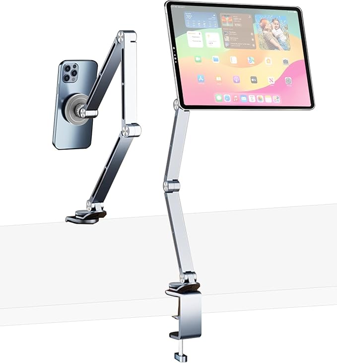 Magnetic Tablet Stand for Desk Aluminum Alloy Phone iPad Desk Holder Overhead Arm Mount with 360°Rotate Base for Magsafe/iPhone/Android/iPad (Magnetic Silver)