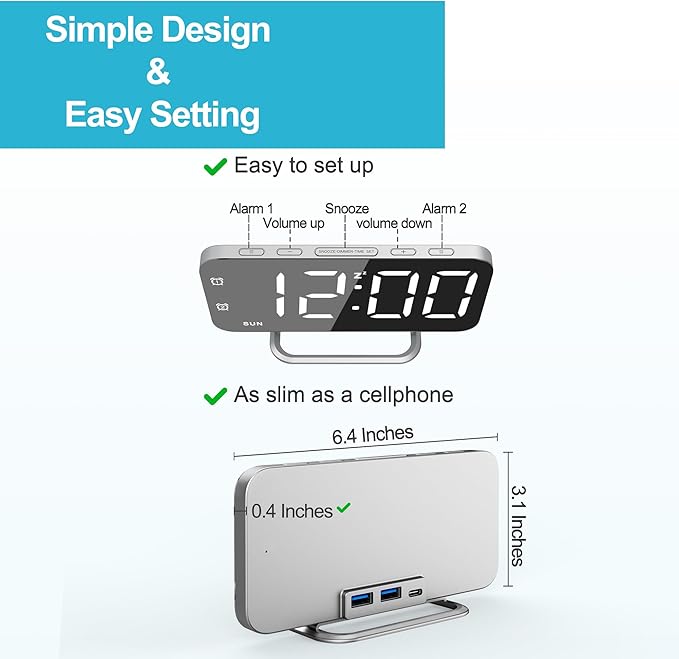 Slim LED Digital Alarm Clock, Mirror Surface for Makeup, with Diming, Large Display, Easy Setting, USB Ports, Modern Decor for Bedroom, Desk, Xmas, Birthday Gift for Women, Sister, Teen Girl, Silver