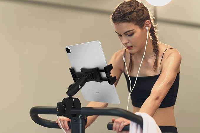 Treadmill Tablet Ipad Holder Bike Handlebar Mount Clamp for Stationary Bicycle Elliptical Spin Bike Peloton Stroller for 4-13" Devices, iPad Pro 12.9, Air, Mini, Galaxy Tabs, iPhone