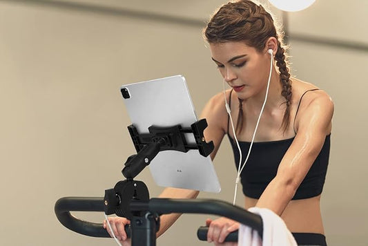 Treadmill Tablet Ipad Holder Bike Handlebar Mount Clamp for Stationary Bicycle Elliptical Spin Bike Peloton Stroller for 4-13" Devices, iPad Pro 12.9, Air, Mini, Galaxy Tabs, iPhone