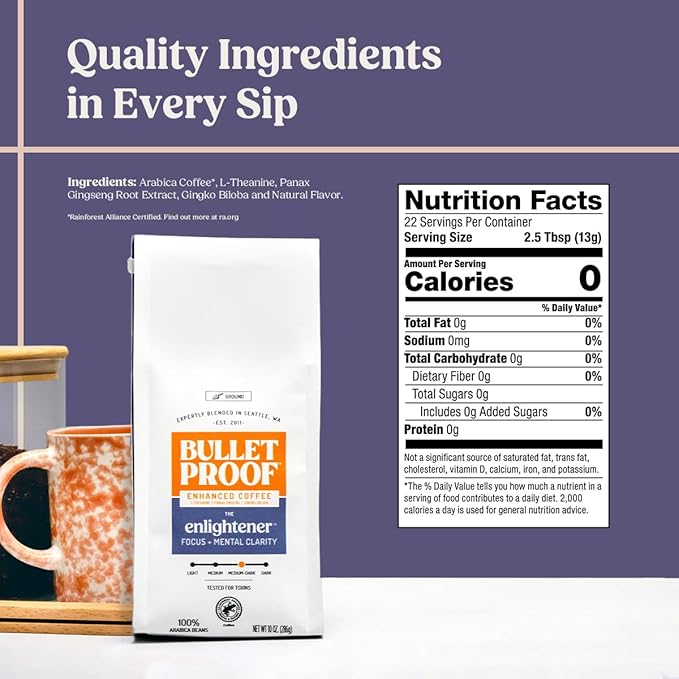 Bulletproof The Enlightener Ground Coffee, 10 Ounces, Medium-Dark Roast Enhanced Coffee with L-Theanine, Panax Ginseng and Gingko Biloba, Supports Mental Clarity, Focus, and Memory