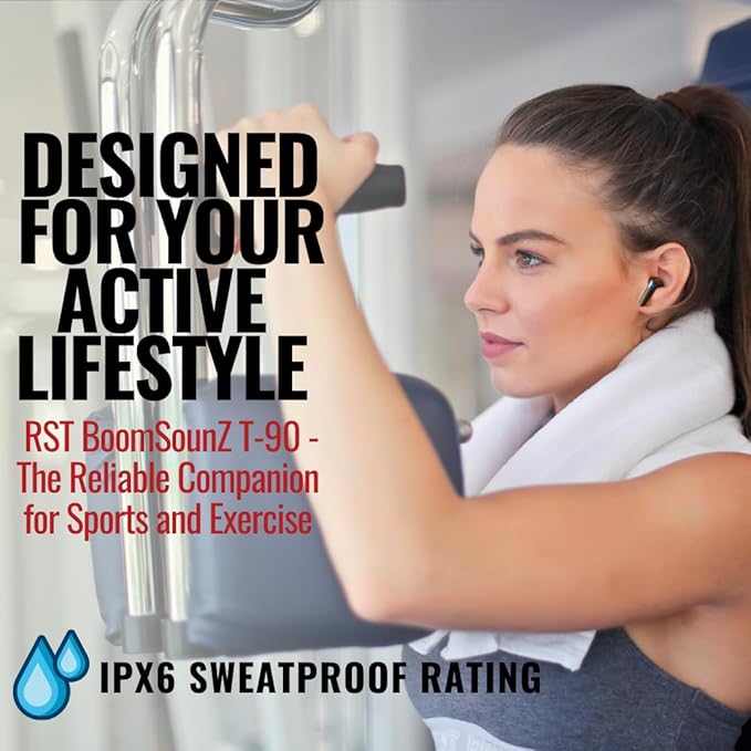 T-90 BoomSounZ Sweatproof Wireless Earbuds – ENC Noise Cancelling Ear buds with Dual Mode for Music & Gaming, Deep Bass Touch Controls, Fast Charging Long Battery Life, Secure Fit for Workouts & Calls