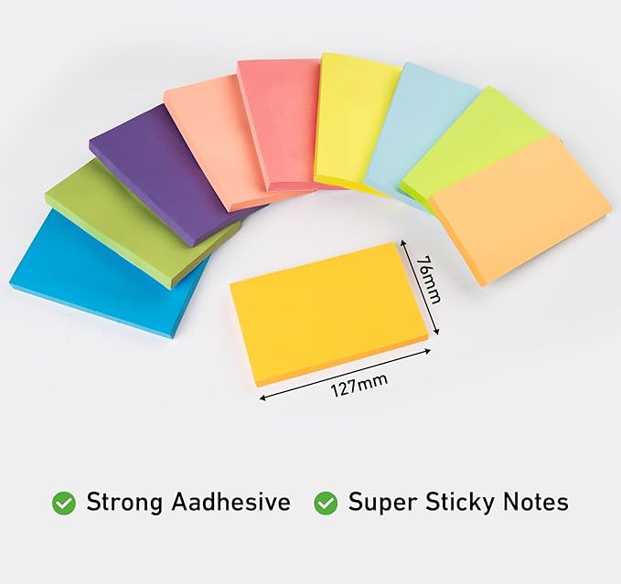 Sticky Notes Large 1000 Sheets,3 x 5'' Self-Stick Note Pads,Bright Colorful Sticky Notes 76x127mm,Super Sticking Memo Pads Clean Removal,Easy to Post Sticky Pads for Office Home School,10 Pack