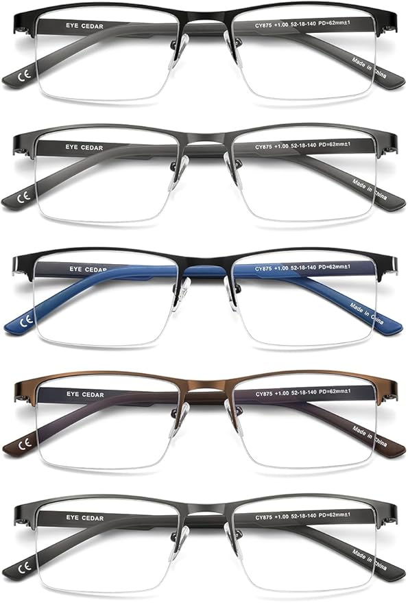 EYECEDAR 5 Pack Blue Light Blocking Reading Glasses Men Metal Half Frame Spring Hinges Rubber Flexible Temple Computer Eyeglasses Readers for Men 1.00