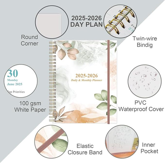 2025-2026 Daily & Monthly Planner - One Page Per Day, Daily Planner from July 2025 to June 2026, Planner 2025-2026 with 12 Monthly Tabs, 8.5" x 11", Rose Leaf
