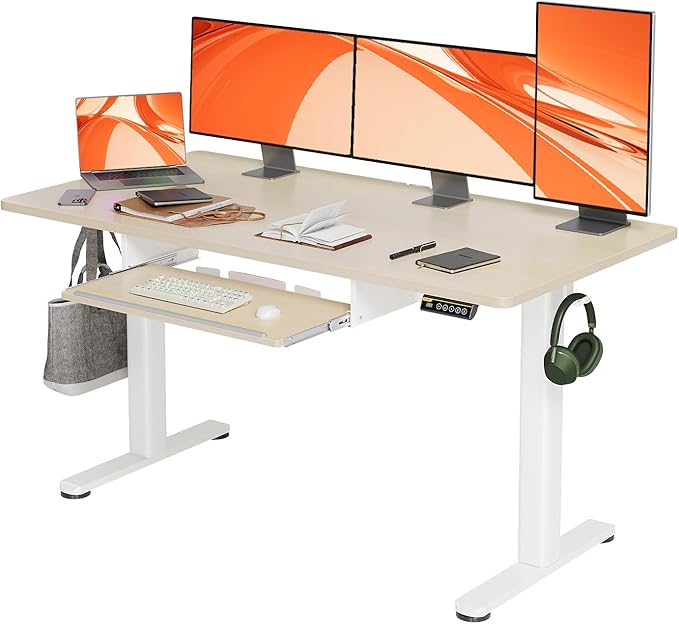 Claiks Standing Desk with Keyboard Tray, Electric Standing Desk Adjustable Height, 55x24 Inches Sit Stand up Desks with Splice Board, Raising Desks for Home Office, Natural
