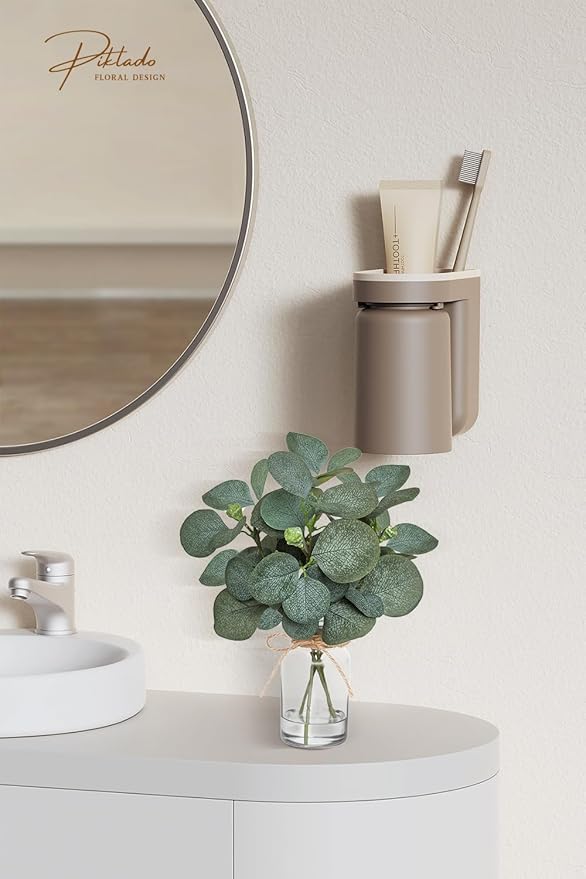 12" Fake Eucalyptus Stems in Vase with Faux Water,Artificial Plants Leaves for Shelf Desk Bathroom Farmhouse Room Coffee Table Home Decor (Eucalyptus-Fruit)