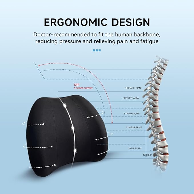 Really Plush Lumbar Support Pillow for Car Seat, Perfectly Balanced 100% Memory Foam Lumbar Pillow - Breathable Removable Cover & Ergonomic Design, Back Pillow for Back Pain Relief(Black, 1PC)