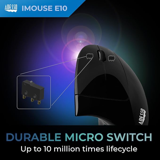 Adesso iMouse E10 - Vertical Ergonomic Optical 6-Button 2.4 GHz RF Wireless Mouse - Right Hand Orientation, Black