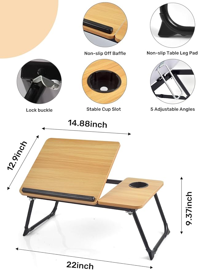 Lap Desk for Couch/Sofa/Floor, 5-Angle Adjustable Bed Desk with Foldable Legs &Cup Holder, Light Weight Bed Tray Table for Writing/Eating/Reading, Portable Laptop Stand for Adults, Kids