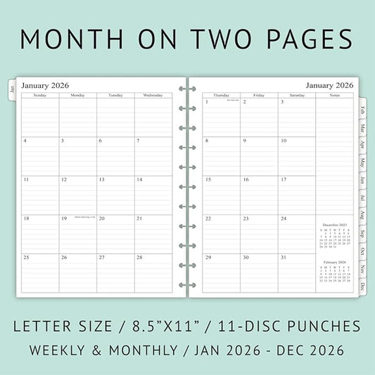 2026 Weekly Planner Refills for 11-Discbound Notebooks, Monthly Tabs, 11-Disc Punches, Letter Size, 8-1/2" x 11"