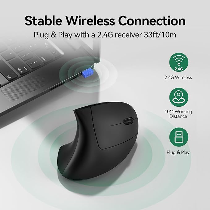TECKNET Ergonomic Mouse, Rechargeable Vertical Ergo Mouse Wireless 800-4800 Levels 5 Adjustable DPI, Silent 2.4GHz Optical Carpal Tunnel Mouse for Right Hand, USB Wireless Mice for Laptop, PC