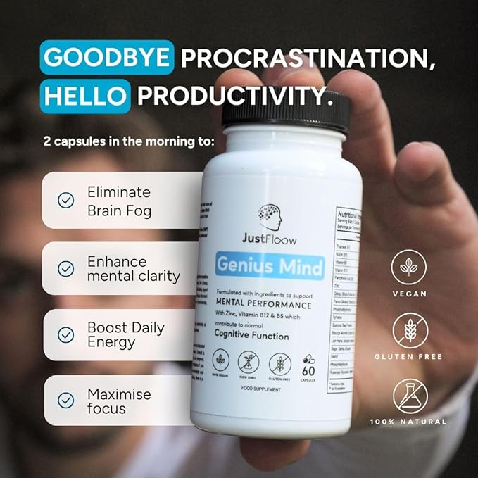 Genius Mind® Nootropic Brain Supplement, Support Cognitive Function, Energy Levels, Focus & Memory Function - 17 Brain Boosting Ingredients Including Lions Mane, Bacopa, Ginkgo & Vitamin B12