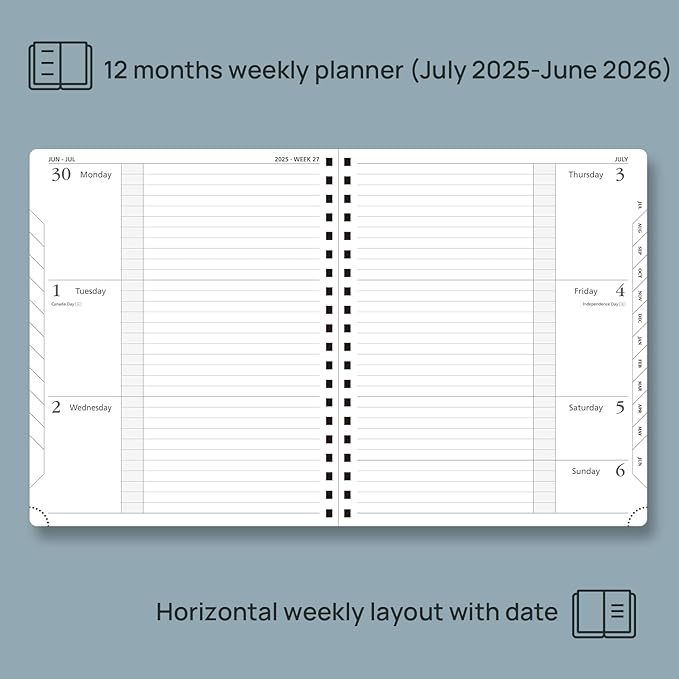 POPRUN Planner 2025-2026, Horizontal Weekly Notebook Jul.25-Jun.26 (Large 8.5''x 10.5''), Academic Calendar Book with Monthly Tabs, Spiral Soft Cover, Inner Pocket, 100 GSM - Soft Pink