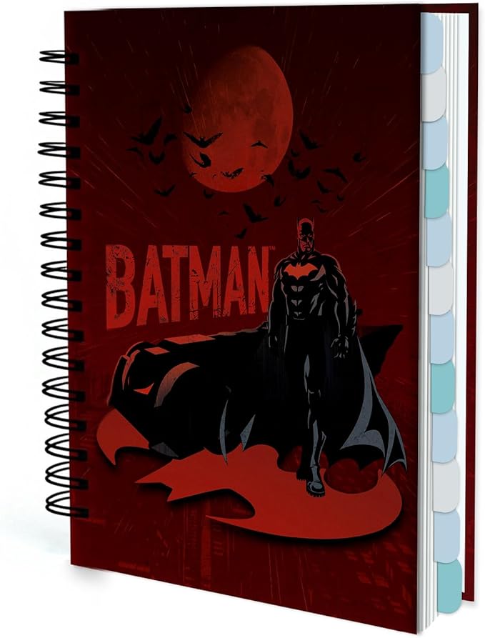 Hardcover Spiral Notebook Journal with 12 Dividers Tabs Weekly&Monthly Planner Productivity Journal Superhero Theme Leather Organizer for Work School Adults Teens and Professionals (BATM-RED)