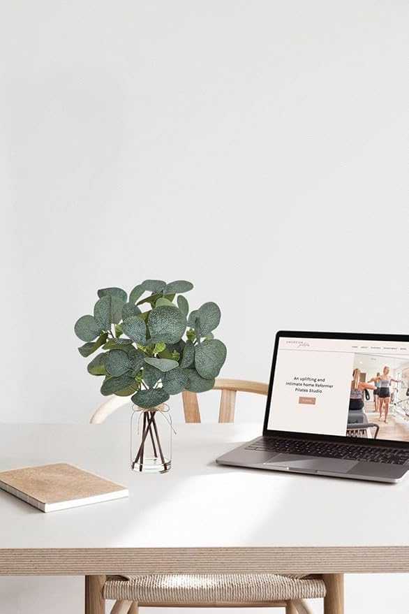 Artificial Eucalyptus Stems in Glass Vase with Faux Water,Artificial Plants Eucalyptus Leaves for Shelf Desk Bathroom Farmhouse Room Coffee Table Home Decor, Central Decoration.