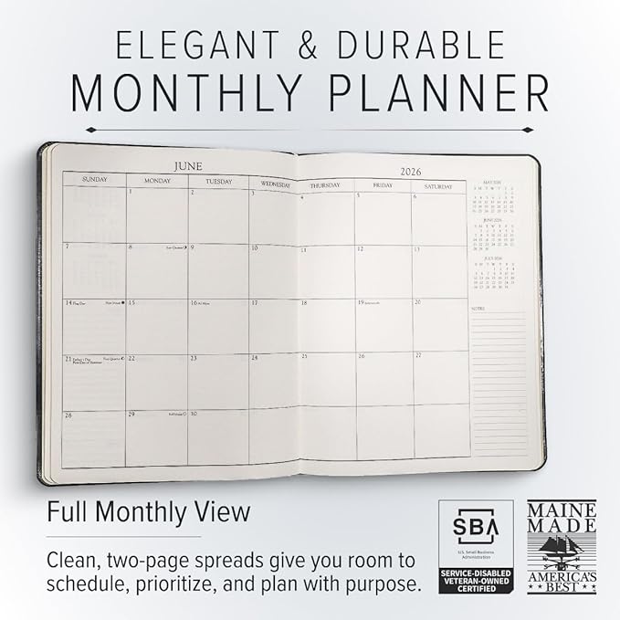 Gallery Leather Large Monthly Planner 2025-2026, Elegantly Bound Calendar Planner and Notebook with Stylish Gold-Gilded Page Edges, 18 Months - Acadia Navy - 9.75x7.5"