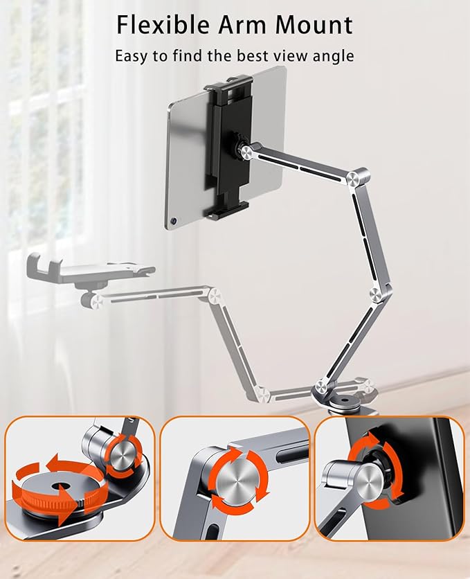 iPad Mount for Desk Aluminum Alloy Tablet Stand Foldable Overhead Arm Holder Mount Fits for 4.7-15.6" Screen Phone,Kindle,Fire HD,Monitor,iPad,Galaxy Tab Series (Silver)
