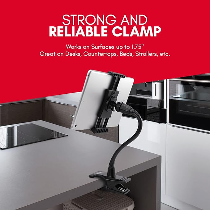 Macally Adjustable Gooseneck Tablet Holder & Phone Clip - Works with Phones & Tablets up to 8” - Flexible Phone Holder & Tablet Mount with Clip On Clamp for Desks up to 1.75” Thick (CLIPMOUNT),Black