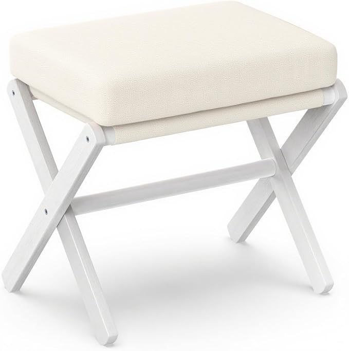 Foldable Foot Stool Ottoman, Modern Foot Rest with Bamboo X Legs & Thick Foam Cushion, Folding Foot Stools Small Padded for Bedroom Living Room, Makeup Vanity Stool Chair (White - White)