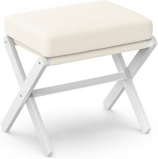 Foldable Foot Stool Ottoman, Modern Foot Rest with Bamboo X Legs & Thick Foam Cushion, Folding Foot Stools Small Padded for Bedroom Living Room, Makeup Vanity Stool Chair (White - White)