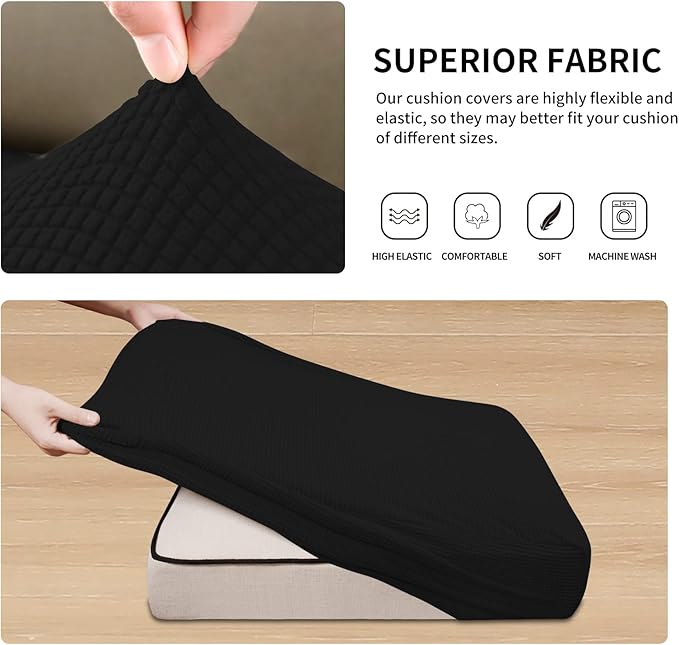 Easy-Going Stretch Individual Chair Couch Cushion Cover Sofa Cushion Furniture Protector Sofa slipcover Soft Flexibility with Elastic Bottom (3-Piece Sofa Cushion Cover, Black)
