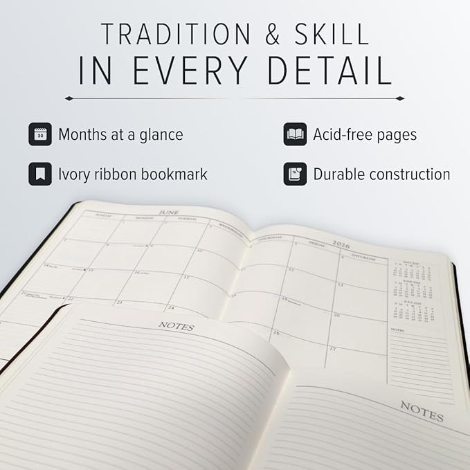 Gallery Leather Large Monthly Planner 2025-2026, Elegantly Bound Calendar Planner and Notebook with Stylish Gold-Gilded Page Edges, 18 Months - Monhegan Cocoa - 9.75x7.5"