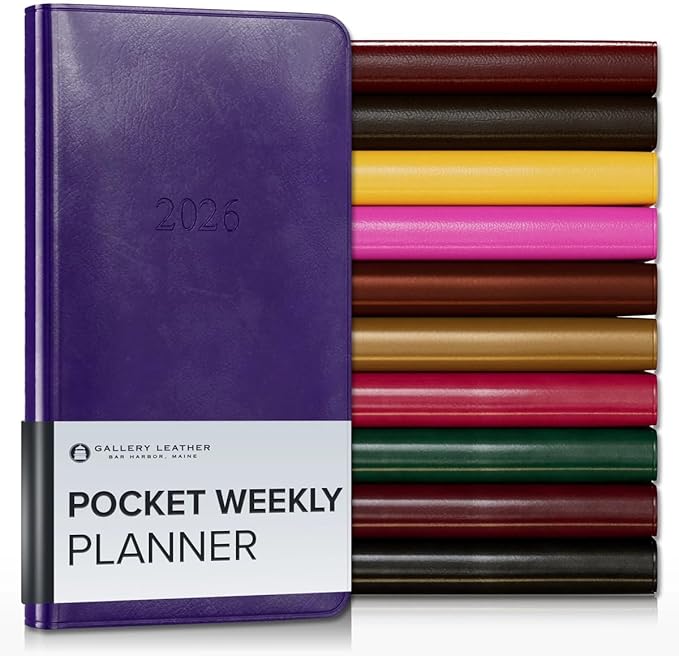 Gallery Leather Pocket Weekly Monthly Planner 2025-2026, Elegantly Bound Calendar Planner and Notebook with Stylish Gold-Gilded Page Edges, 12 Months - Acadia Plum - 6 x 3.25 "