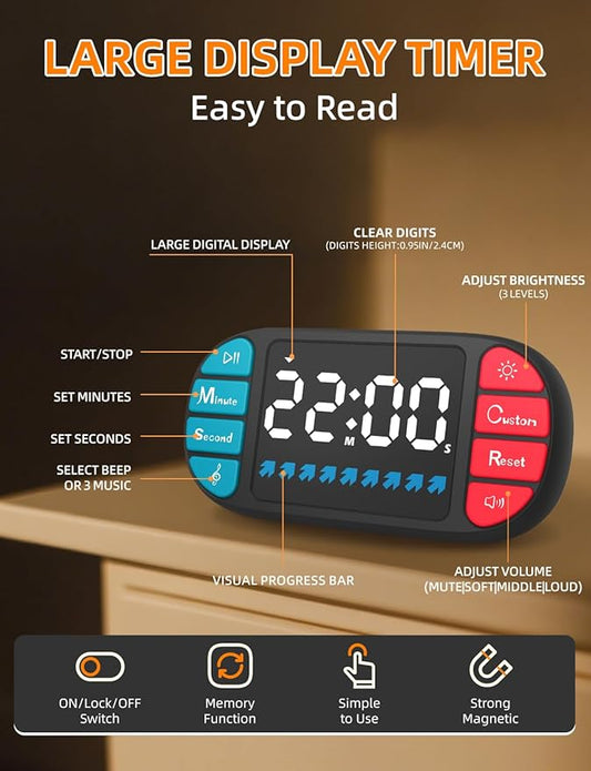 DOOMAY Digital Kitchen Visual Timer: 3.6'' Large LED Display, Magnetic, 3 Brightness, 4 Alarms, 4 Volume, Memory Function, Countdown Count up for Cooking, Classroom, Gym, AAA Battery Included (Black)