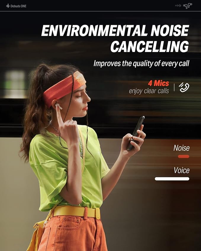 Donner Wireless Earbuds Noise Cancelling, Bluetooth 5.2 Earphones with 5 x EarTips, 4 Mic Clear Calls, 12mm Drivers, App for Custom EQ, 32H Playtime, Fast Charging, Transparency - Dobuds ONE,White