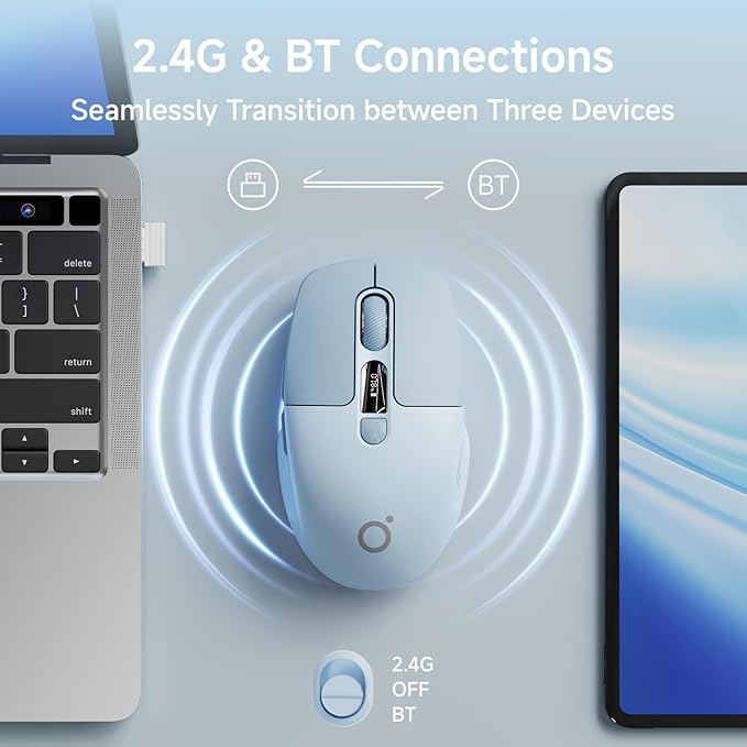 EWEADN Q1 Wireless Mouse, Bluetooth & 2.4G Silent Mouse Quiet Click with 3 DPI Levels, Battery & DPI Smart Display, 6 Button Small Portable Cordless Mice for Laptop/PC/Mac-Blue