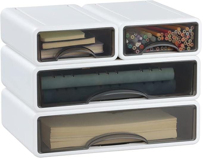 White Desktop Drawers for Paper, Stackable Office Storage Drawers for Desk, Craft Organizer and Storage Bins, 4 Mixed Storage Container with Plastic Drawers for Office Supplies Desk accessories
