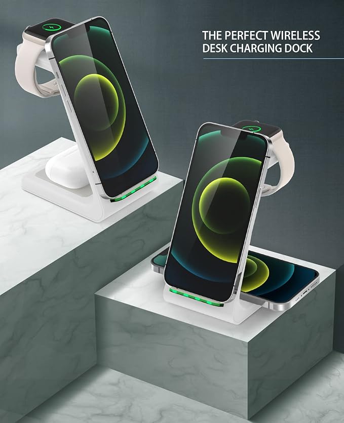 3 in 1 Wireless Charging Station, 2025 Upgraded Fast Desk Charger Station for iPhone 16 15 14 13 12 Pro Max Plus, Charger Stand for Apple Watch 10 9 8 7 6 5 4 3 2 SE, Airpods 4 3 2 Pro