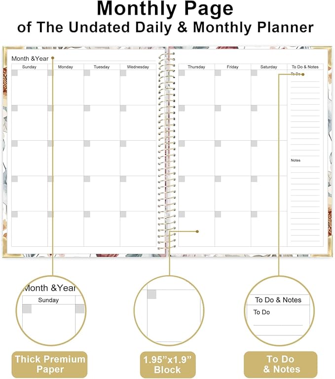 Undated Daily Monthly Planner for 2025 2026 - A4 To Do List with Hourly Schedule, Hardcover Spiral Bound Daily Planner to Increase Focus, Stylish School/Office Supplies, 8.5" x 11", Flower