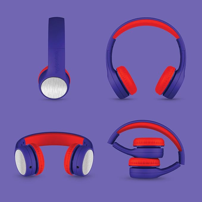 LilGadgets Connect+ Style On-Ear Kids Headphones with Microphone - SharePort Technology, SoftTouch Padding, Detachable Cable, Noise Reduction, Durable & Adjustable - Blue/Red Headphones for Kids