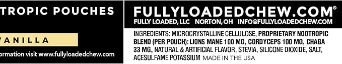 Fully Loaded Alpha Mushroom Pouches - Adaptogen Nootropic Pouches (5-Pack, Vanilla) - Lion's Mane, Cordyceps, & Chaga - 5 cans, 15 Pouches per can - Functional Mushrooms - Made in The USA