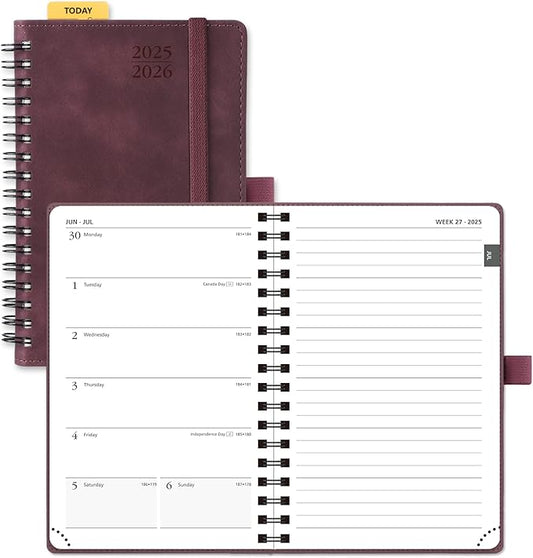 POPRUN Planner 2025-2026 Weekly Notebook (Pocket Size 4''x 6.25''), Small Academic Calendar for Purse with Spiral Soft Cover, Plastic Ruler, Inner Pocket, 100 GSM - Claret