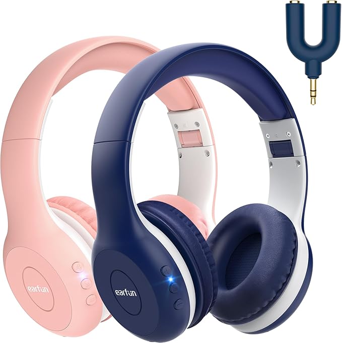 EarFun 2Packs Kids Bluetooth Headphones, K2 Kid Headphone with Volume Limited, 40H Playtime, Built-in Mic, Stereo Sound, Foldable Over-Ear Headphones for Kids/School/Travel