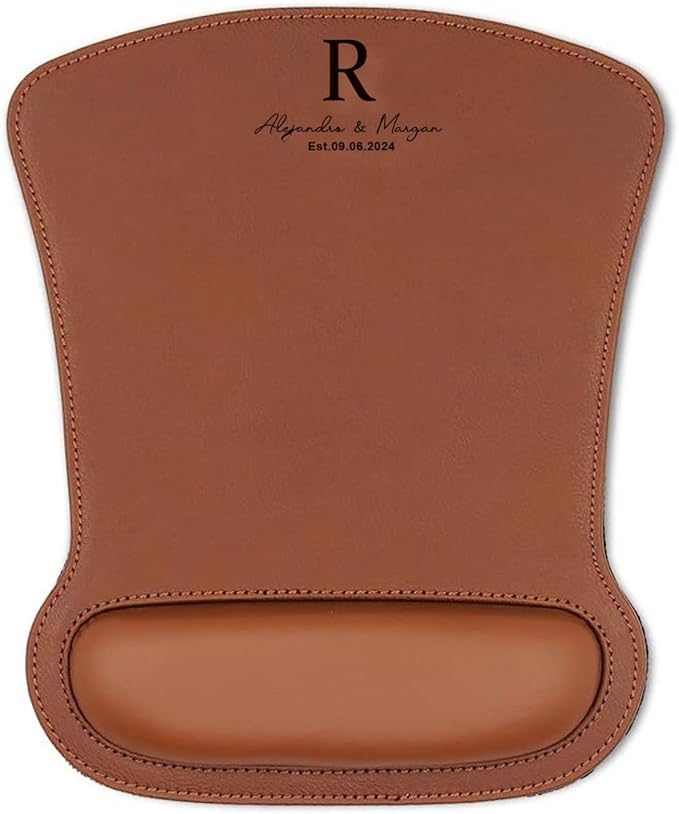 Personalized Leather Custom Mouse Pad with Wrist Rest,Customized Mouse Pads for Desk,Perfect Gift for Weddings, Anniversaries, Birthdays,and Special Occasions (E (Brown-Rectangle with Wrist Rest))