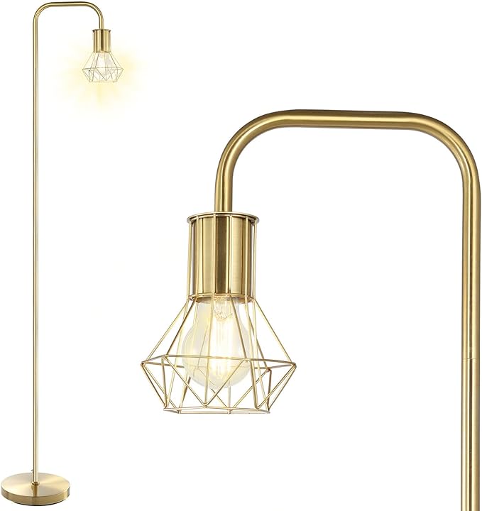 BoostArea Gold Floor Lamp, Industrial Floor Lamp, 6W Diamond Standing Lamp, E26 Socket, On/Off Footswitch, Whole Metal, Modern Small Simple Stand Up Lamp for Bedroom Living Room, Vintage, Mid Century