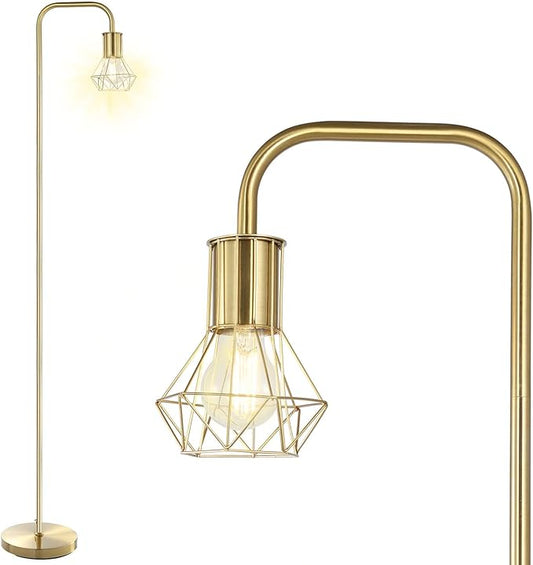BoostArea Gold Floor Lamp, Industrial Floor Lamp, 6W Diamond Standing Lamp, E26 Socket, On/Off Footswitch, Whole Metal, Modern Small Simple Stand Up Lamp for Bedroom Living Room, Vintage, Mid Century