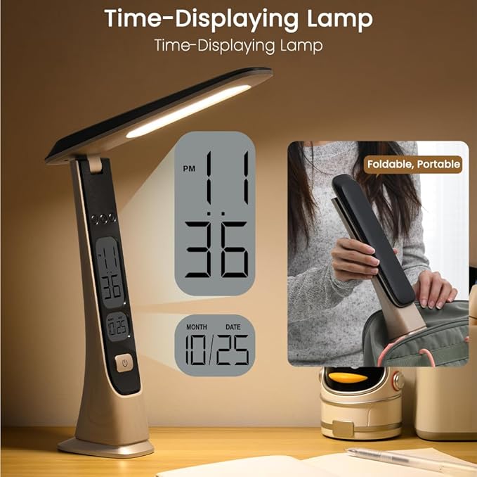 WILIT Rechargeable Lamps Cordless Table Lamp, Foldable Portable Desk Lamp, Battery Operated Lights with Stepless Brightness&Time Display for Home Office, Book Lights, Desk Accesories, Tea White