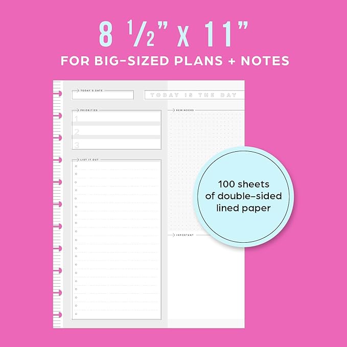 Happy Planner Undated Refill Paper for Planners and Journals, Neutral Lined Dashboard Layout Daily Notebook Planner Paper, Big Size, 100 Sheets 8 1/2" x 11"