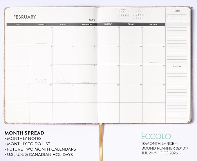 Eccolo 2025-2026 Large Agenda Planner, 18 Month, Yearly, Monthly & Weekly Pages, Habit & Gratitude Tracker (Linen Flexi-Cover- 8 x 10")