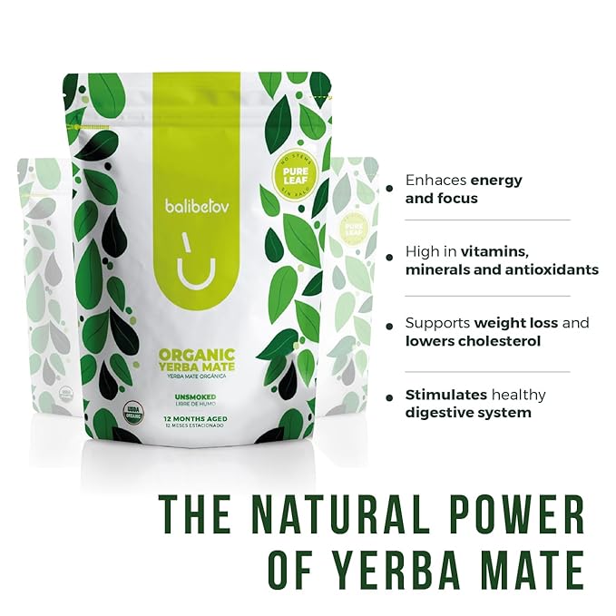 BALIBETOV Organic Yerba Mate Tea Loose Leaf, 2.2. lb. Bag, Natural Pure Leaf, Clean High Energy, Unsmoked Artisanal, Gluten Free, Vegan Friendly, Hot or Cold Drink (2.2 Pounds (Pack of 1), Pure Leaf)