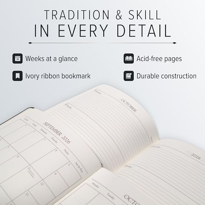 Gallery Leather Pocket Weekly Monthly Planner 2025-2026, Elegantly Bound Calendar Planner and Notebook with Stylish Gold-Gilded Page Edges, 12 Months - Acadia Pool - 6 x 3.25 "