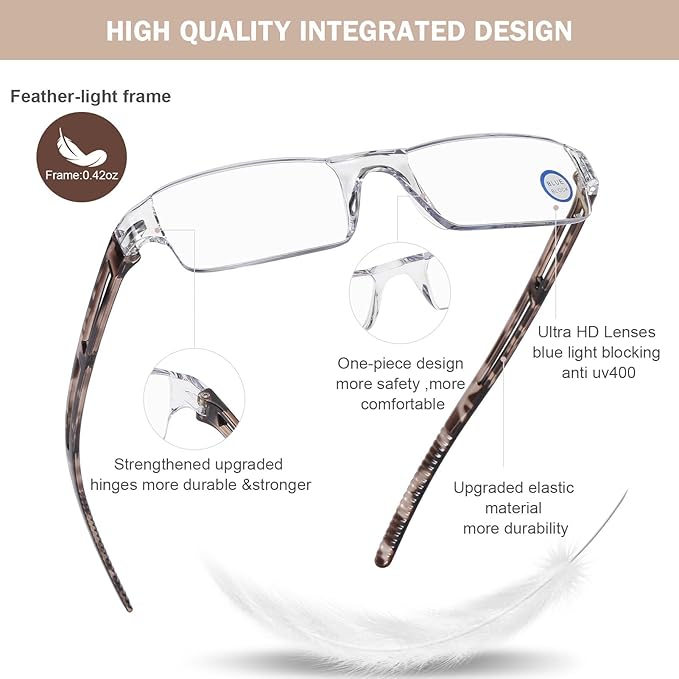 AQWANO 5 Pack Rimless Computer Reading Glasses Blue Light Blocking, Fashion Clear Frames Lightweight & Comfort Readers for Women Men Anti Glare/Eyestrain, 2.5
