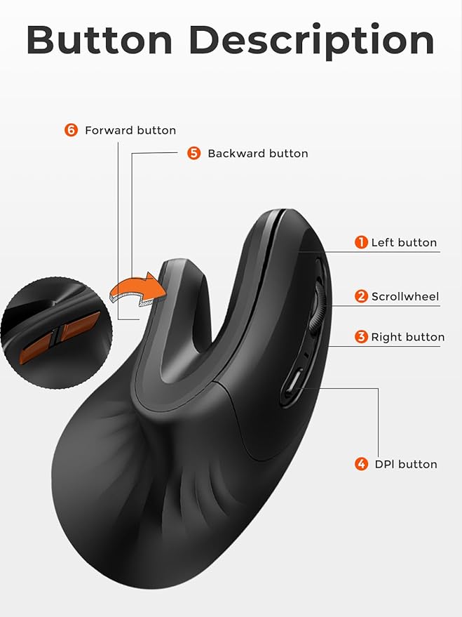 DAREU Ergonomic Vertical Wireless Mouse, 2.4G Optical Vertical Mouse with Ergo Design for Comfort and Reduced Wrist Strain,3 Adjustable DPI Levels with 6 Buttons, Computer Mice for Laptop, Desktop PC